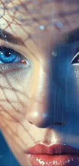 Close-up of blue-eyed face with artistic details.