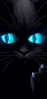 Mysterious black cat with glowing blue eyes mobile wallpaper.