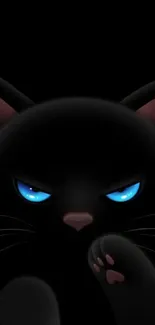 Mobile wallpaper of a dark, mysterious cat with bright blue eyes.