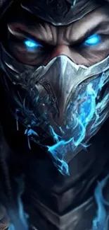 Blue-eyed masked warrior with glowing stare, fantasy art