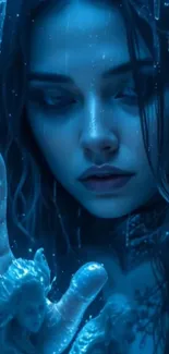Mysterious woman with a blue mystical aura.