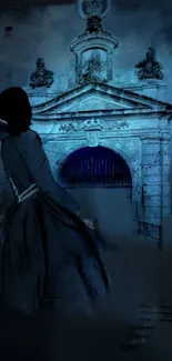 Silhouette in front of a blue gothic archway at night.