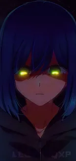 Blue-haired anime character with glowing eyes.