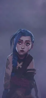 Mystical character with blue hair in a purple misty background.