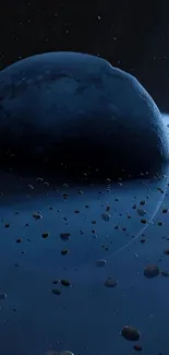 Dark blue planet with cosmic debris in space wallpaper.