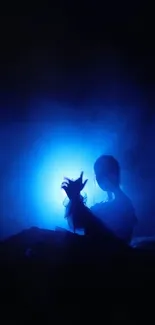 Silhouette against a glowing blue background in dramatic contrast.