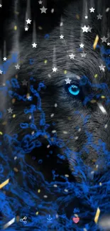 Blue wolf with striking eyes in a starry fantasy design.