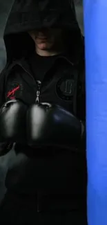 Boxer in black hoodie facing blue punching bag.