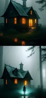 Dark cabin in misty forest glowing with light at night.