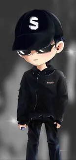 Stylish cartoon character in dark attire, perfect for mobile wallpaper.