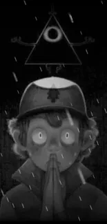 Grayscale cartoon figure with triangle symbol in the rain wallpaper.