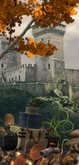 Fantasy castle with autumn leaves and a cat.