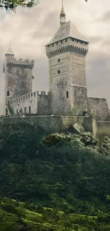 Misty medieval castle on a lush hill with a dramatic sky backdrop.