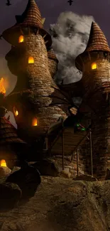 Silhouette of a mysterious castle with glowing windows at night.