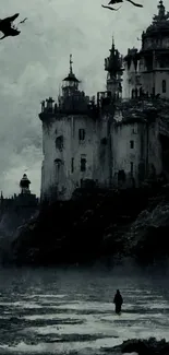 Dark gothic castle with flying birds amidst a gloomy landscape.