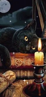 Black cat with a candle in a mystical library setting under the moon.