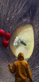 Mysterious cat eye with red balloons and a figure in a yellow coat.