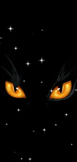 Mysterious wallpaper with glowing cat eyes against a starry black background.