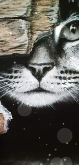 Charcoal drawing of a mysterious cat peeking through wooden textures.