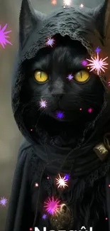 Black cat in a hooded cloak with glowing eyes.