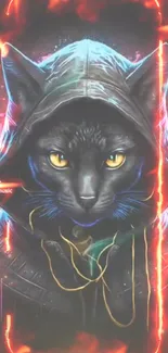 Illustrated black cat in a fiery hood, digital art wallpaper.