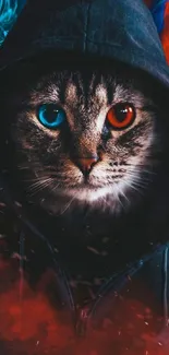 Mysterious cat in hoodie with blue and red eyes in digital art style.