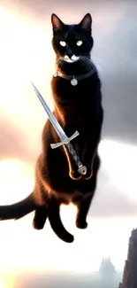 Black cat with sword floating in a dramatic cloudy sky.