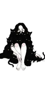 Mysterious woman surrounded by black cats illustration.