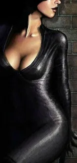 Catwoman in a sleek black suit against a brick wall, perfect for phone wallpapers.