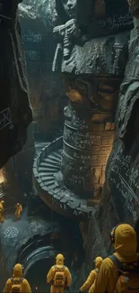 Explorers in yellow gear navigate an ancient cavern with symbols and sculptures.