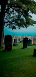 Mysterious cemetery with gravestones and large tree in misty setting.