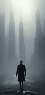 Silhouette of a figure in a foggy, mysterious cityscape with tall buildings.