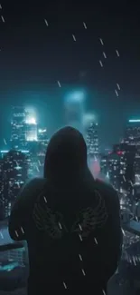 Hooded figure overlooking cityscape with rain at night.