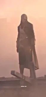 A cloaked figure stands on a rooftop, surrounded by mist.