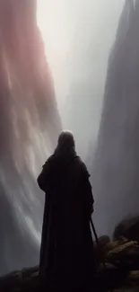 Cloaked figure in a misty mountain pass with dark, moody ambiance.