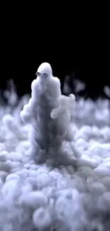 White cloud creature in misty atmosphere on dark background.