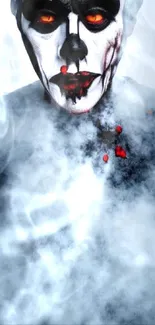 Eerie clown face amidst smoky background with glowing eyes.