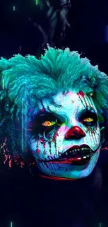 A vibrant neon clown face with colorful and mysterious allure.