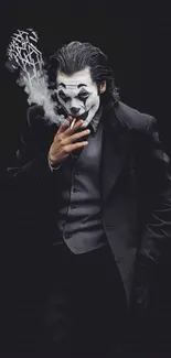 Smoking clown with face paint on a dark background.