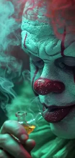 Eerie and mysterious clown with smoky background, perfect for horror fans.