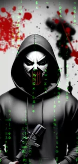 Hooded figure with green code and red splatter background.