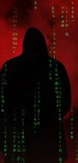 A hooded figure with green code on a red smoky background.