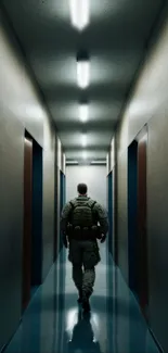 Soldier walking through a dimly lit corridor, mysterious and intriguing atmosphere.