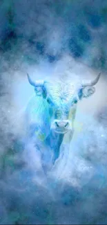 Ethereal cosmic bull amidst swirling celestial mist.