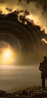 A lone figure stands before a luminous cosmic portal in an ethereal landscape.