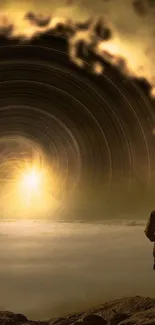 Man standing under a cosmic light vortex with golden hues.