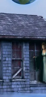 Mysterious woman in front of a vintage cottage at dusk.