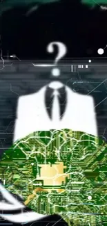 Digital brain on mysterious anonymous symbol wallpaper.