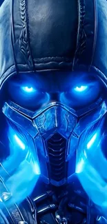 Mysterious cyber warrior with glowing blue eyes.