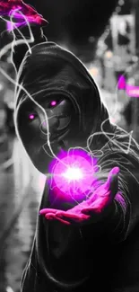 A hooded figure with neon purple glow in a cyberpunk setting, creating a mysterious effect.